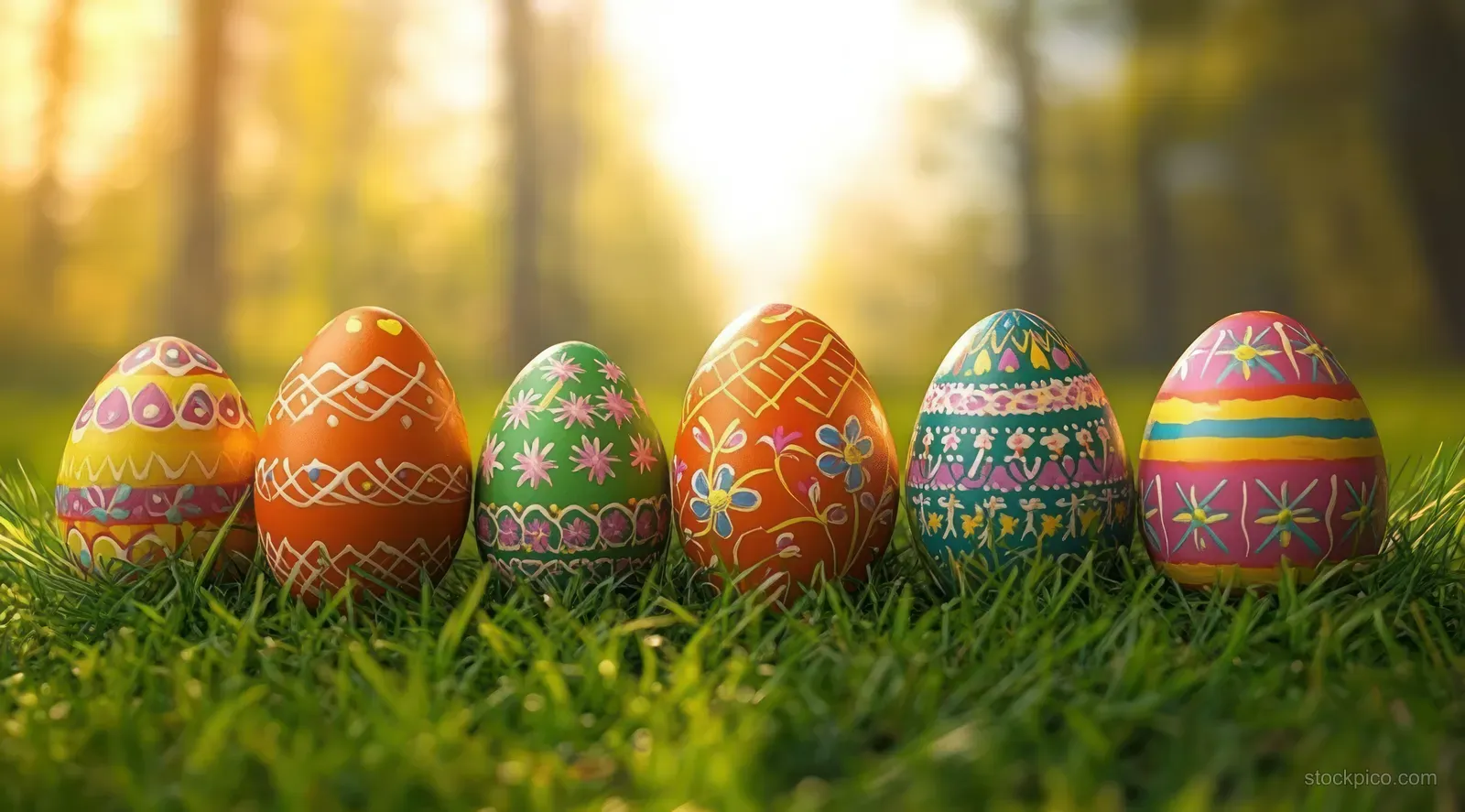 Colorful decorated Easter eggs lined on green grass with soft morning sunlight and a blurred forest background.
