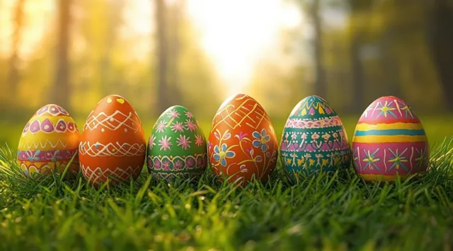 Colorful decorated Easter eggs lined on green grass with soft morning sunlight and a blurred forest background.