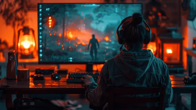 A gamer in headphones plays an action shooter on multi-monitor PC with orange and blue room lighting.