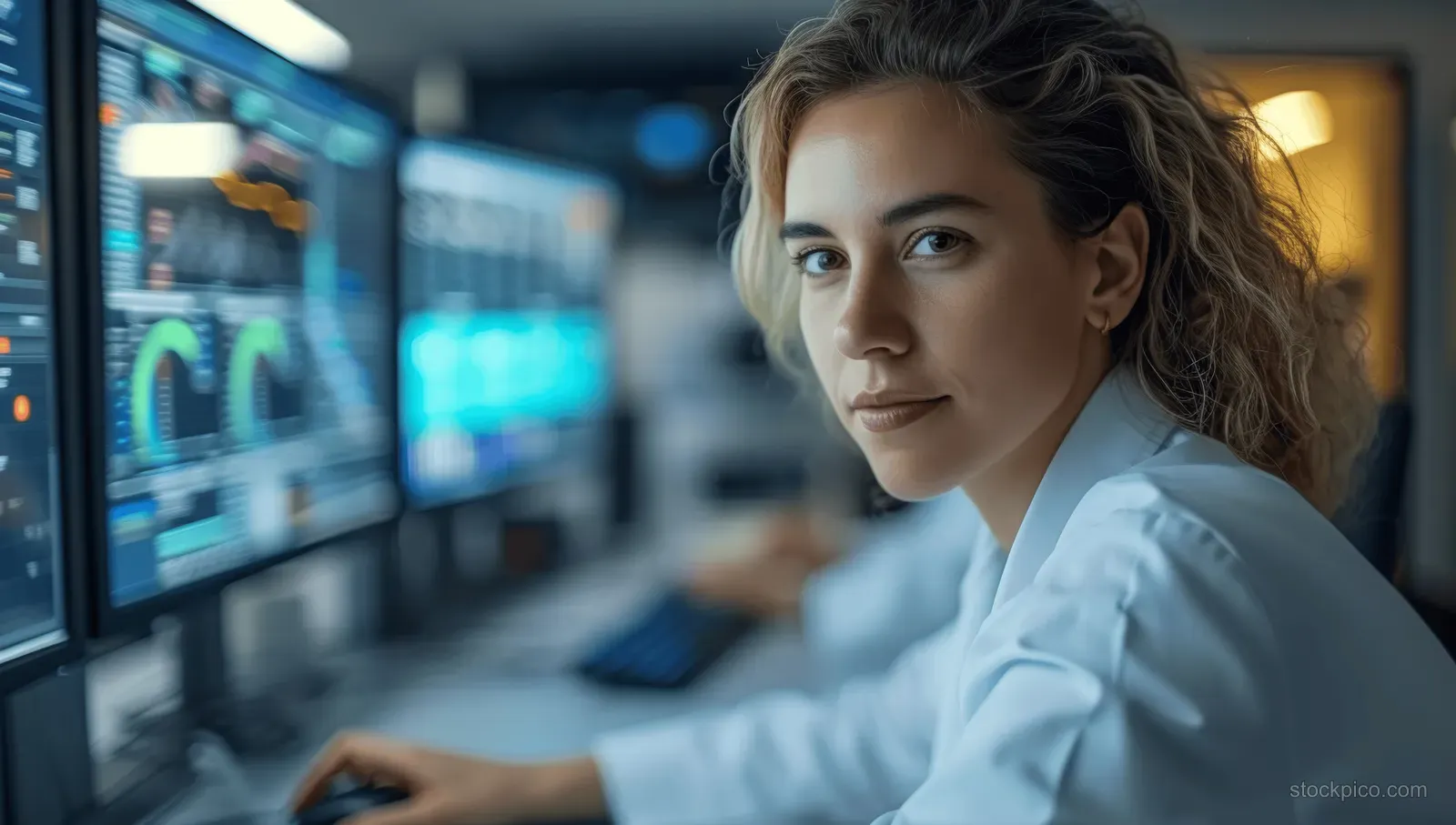 A woman in a white coat looks at multiple healthcare data screens in a dim control room.
