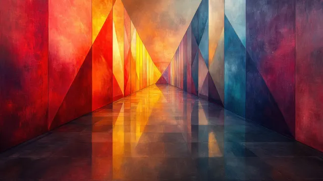 Geometric triangle corridor with glowing green and blue panels and reflective floor