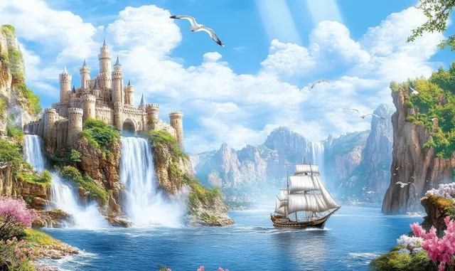 Fantasy castle with spires overlooks a bay with waterfalls and a sailing ship under bright clouds.