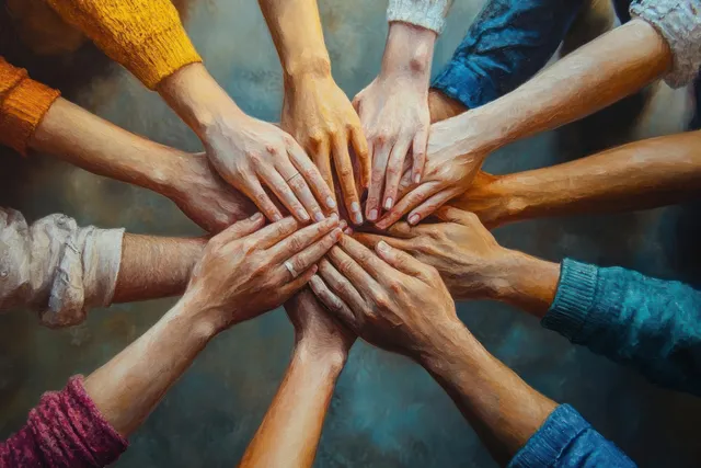 Many diverse hands placed together in a circle to symbolize teamwork and support in a group setting.