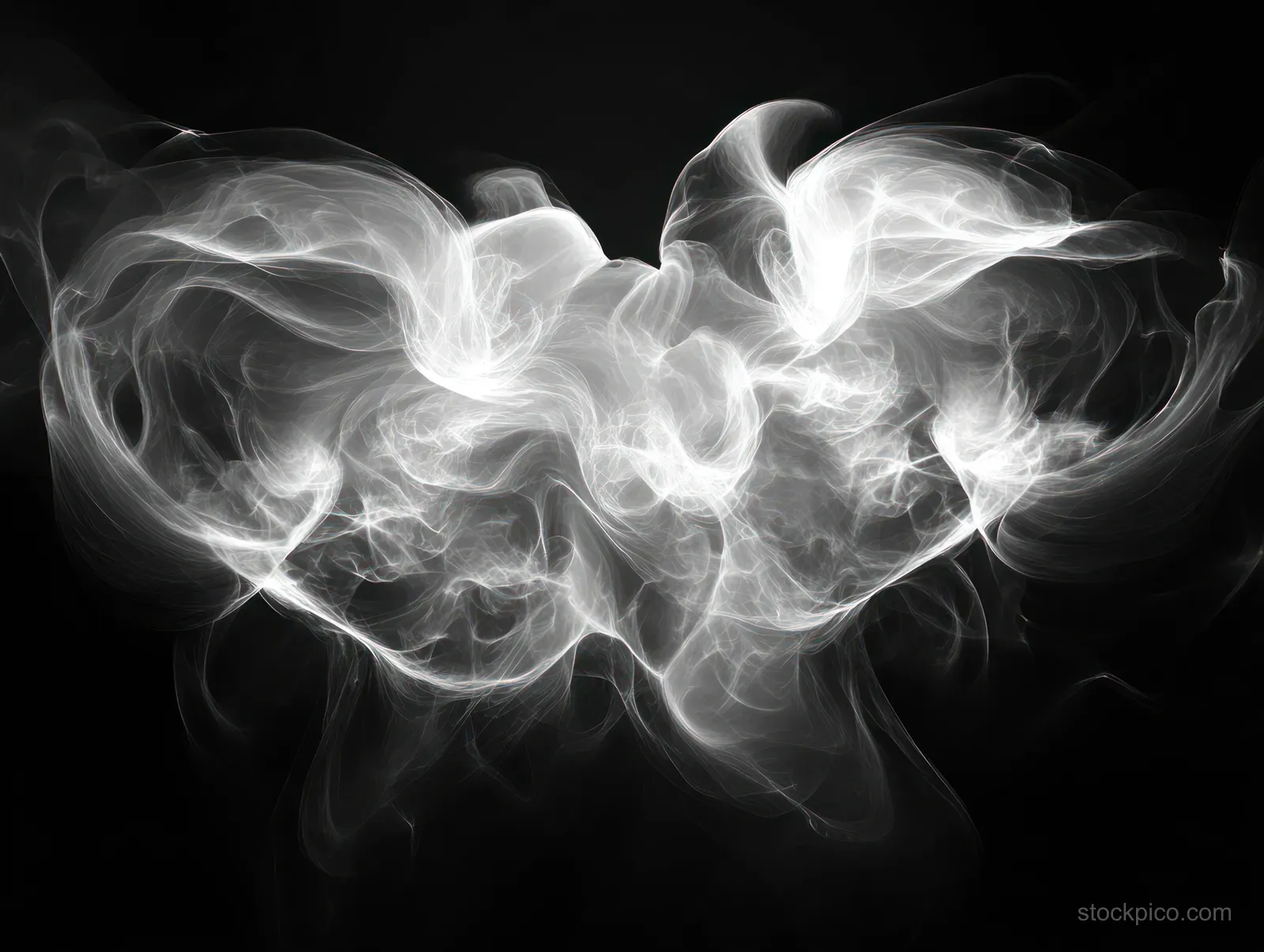 Black and white fractal flame swirls form a symmetric glowing shape on a dark background.