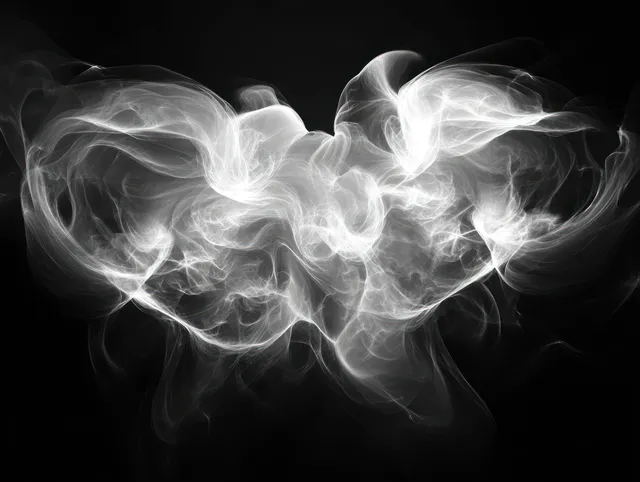 Black and white fractal flame swirls form a symmetric glowing shape on a dark background.