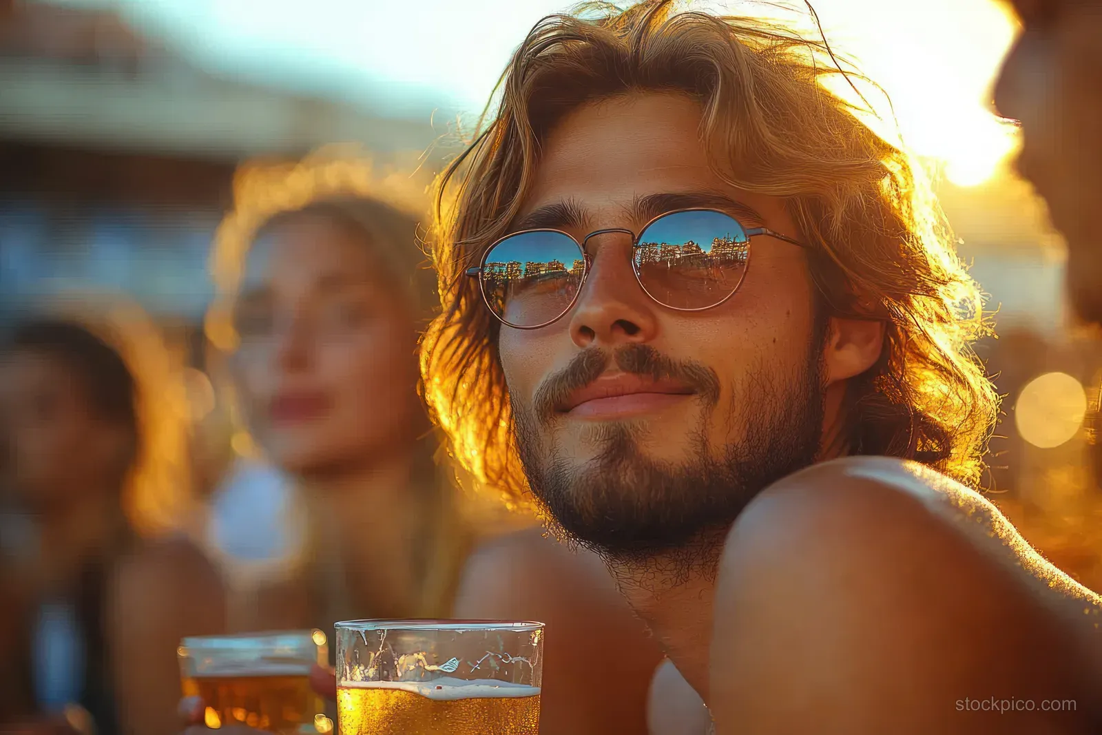 Smiling young man holding a glass of beer at a stadium during golden hour with blurred spectators behind.