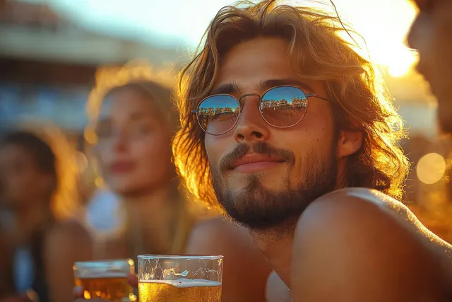 Smiling young man holding a glass of beer at a stadium during golden hour with blurred spectators behind.