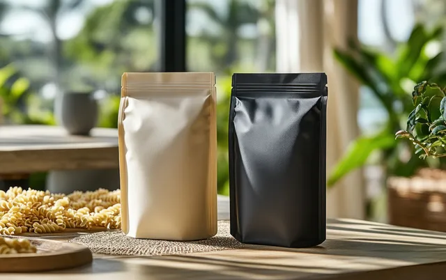 Penne pasta in two minimalist pouches beside a small heap on a wooden table
