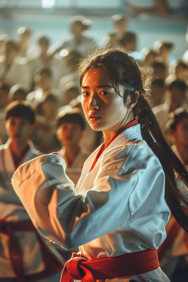 Chinese taekwondo athlete celebrates victory in featherweight match with crowd behind