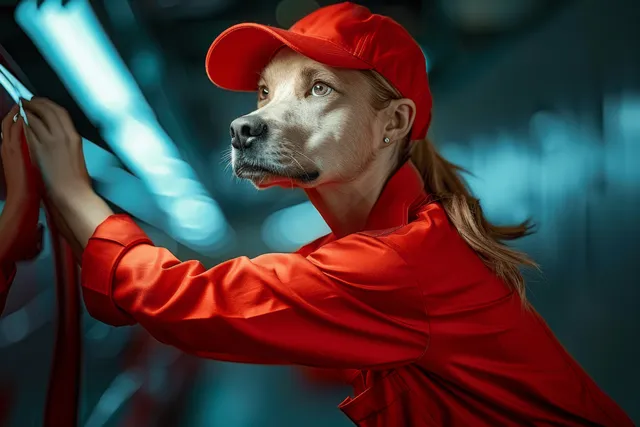 Woman in red workwear inspecting a car door on an assembly line.