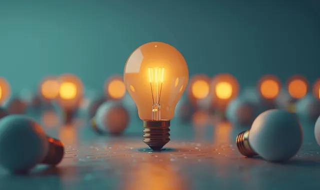 A glowing lightbulb sits in the center while darker bulbs surround it on a pastel green background.