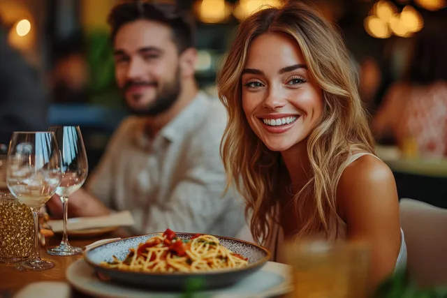 Smiling woman enjoys a plate of spaghetti at a restaurant table with wine glasses beside it.