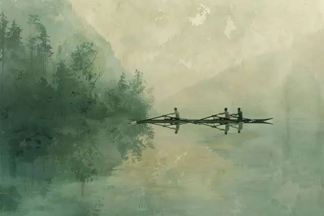Rowing team glides across misty reflective water in Italian countryside at dawn