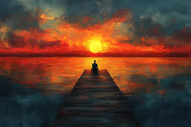 Solitary backpacker sits on ocean pier at sunset, silhouetted against glowing horizon