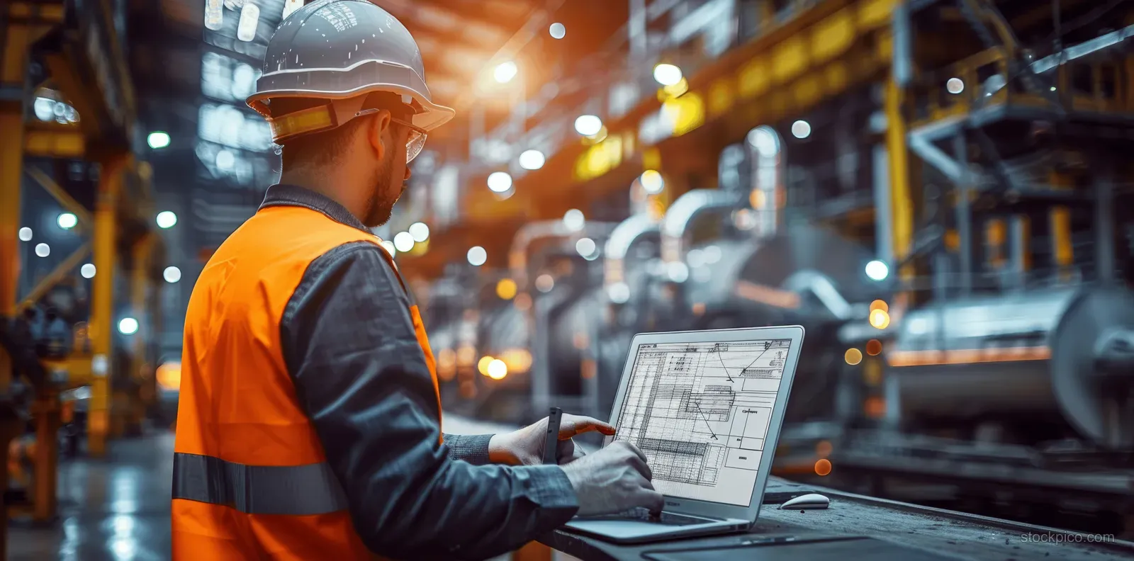 An engineer in a helmet uses a laptop beside robotic arms in a car factory.