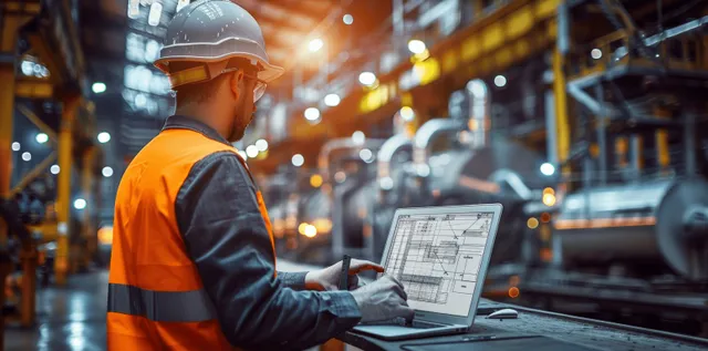 An engineer in a helmet uses a laptop beside robotic arms in a car factory.