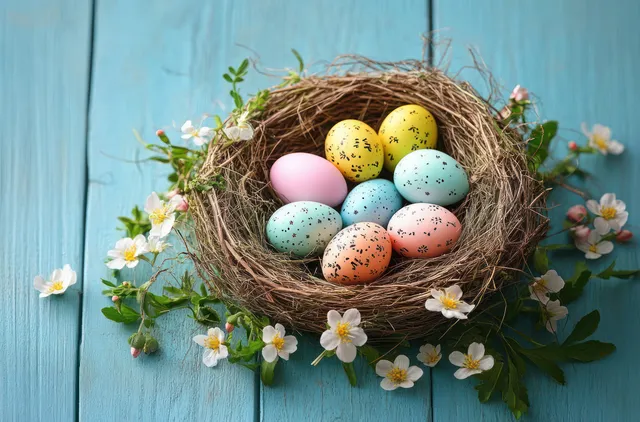 Woven bird nest with pastel Easter eggs surrounded by small spring flowers on a blue wooden background.