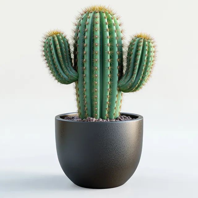 Green cactus with three arms in black textured pot on clean white background