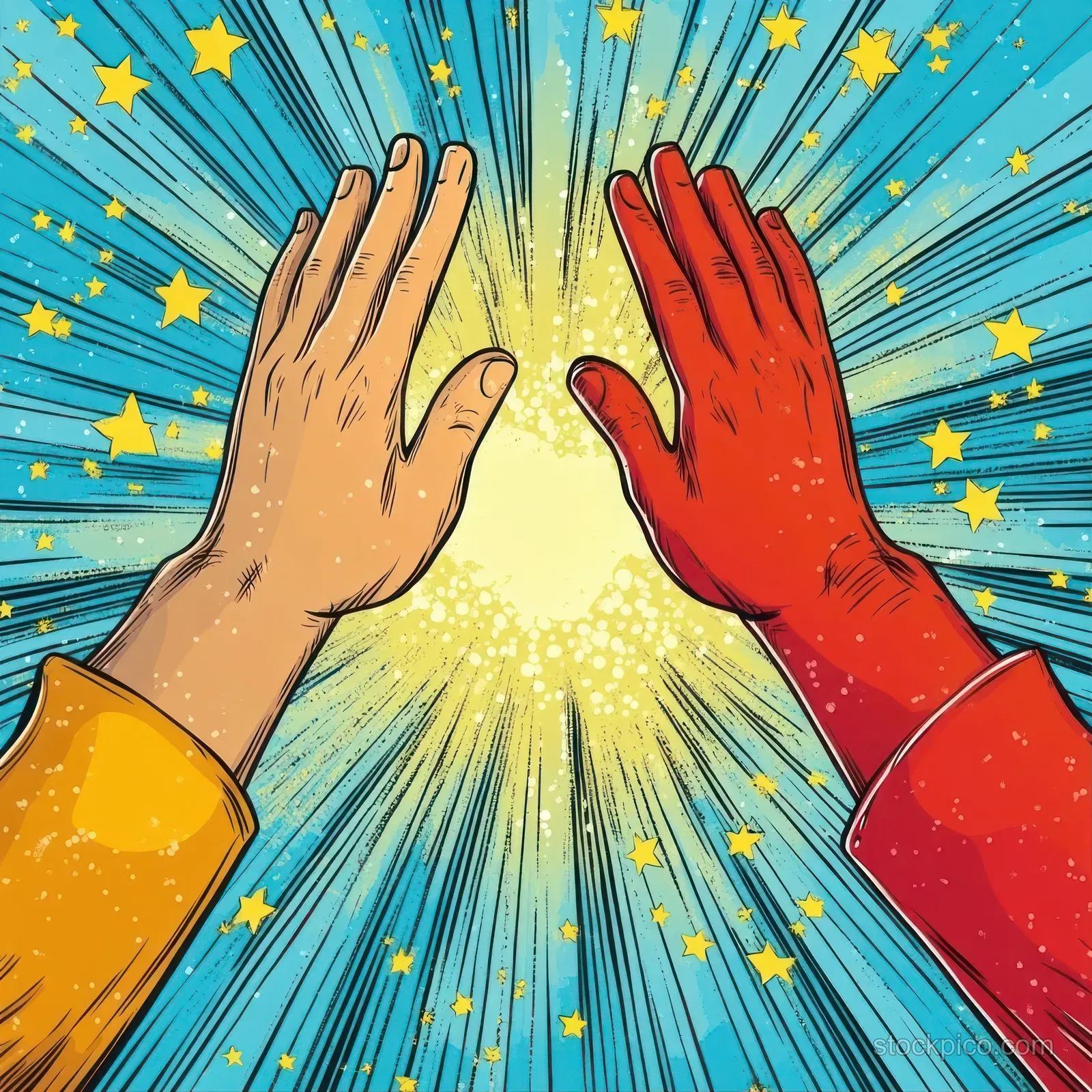 Two raised hands reach toward a glowing light burst with radiating lines and yellow star sparkles on a blue background.