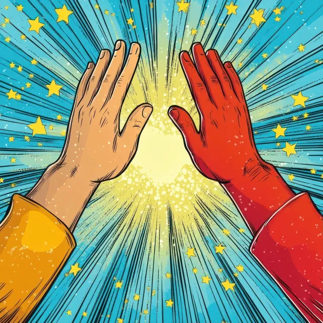 Two raised hands reach toward a glowing light burst with radiating lines and yellow star sparkles on a blue background.