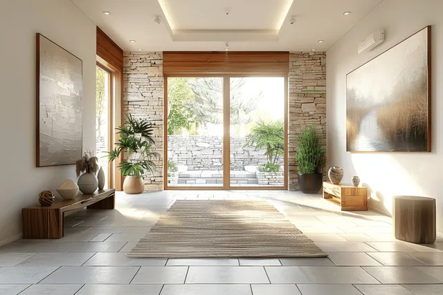 Sunlit modern entrance hall with white stone walls, wooden accents, large windows, and framed paintings.