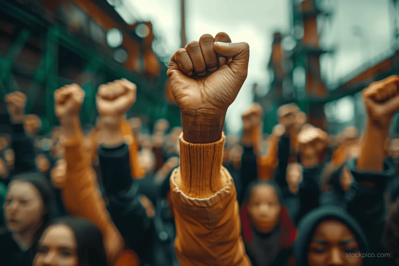 A person raises a clenched fist as a crowd gathers for a solidarity protest in the city.