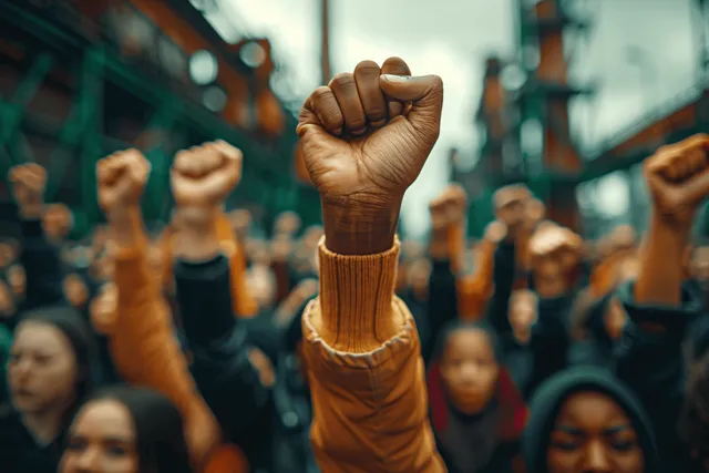 A person raises a clenched fist as a crowd gathers for a solidarity protest in the city.