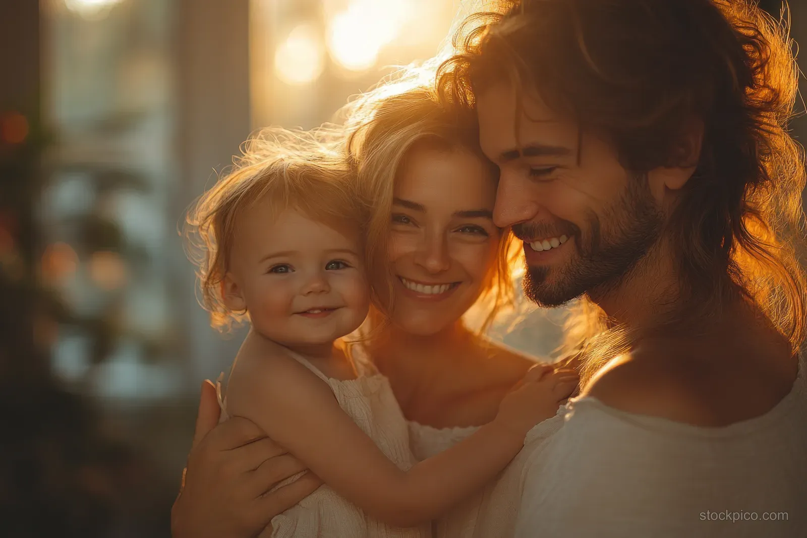 Happy Indian parents holding their smiling child in front of a blank billboard-style space with warm light.