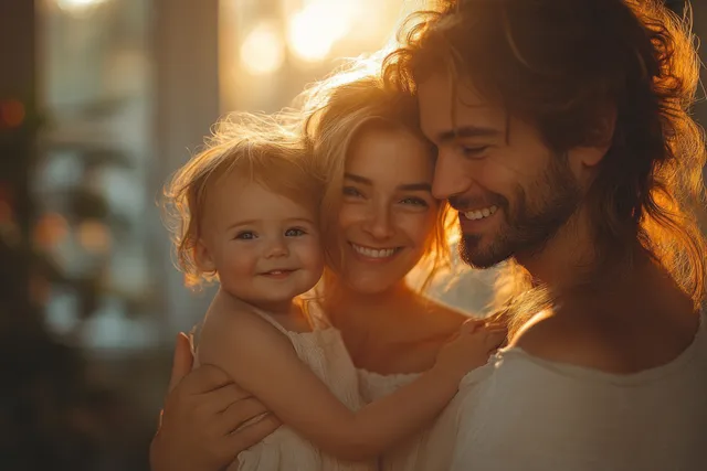 Happy Indian family posing with a blank billboard-style backdrop and warm studio light