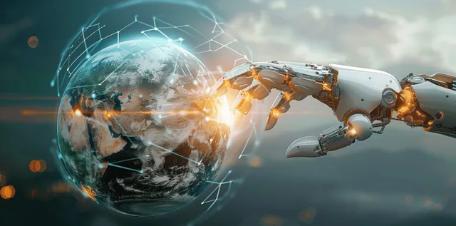 Futuristic robot reaches toward glowing globe with AI network connections in stormy sky