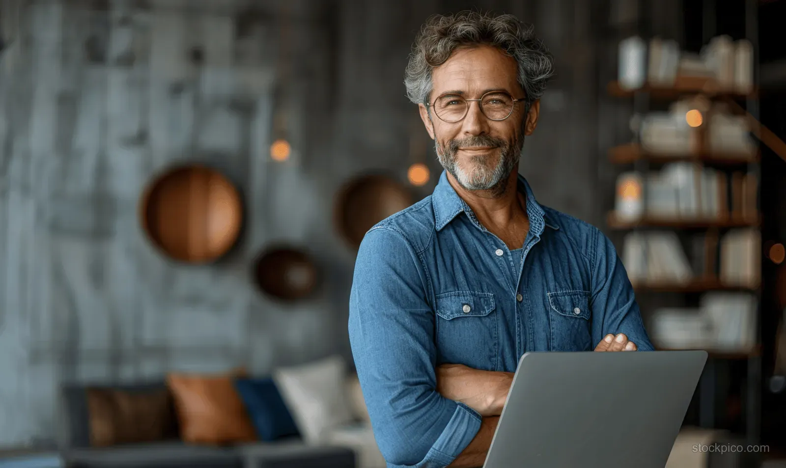 Smiling man in a blue shirt holding an open laptop while looking away in a blurred library room.