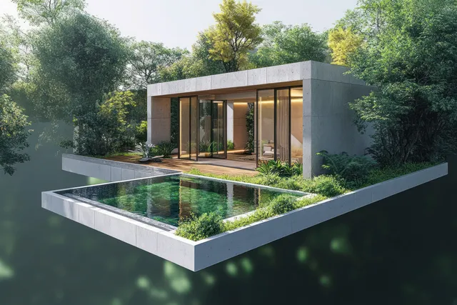 Isometric architectural model of a modern house with a glass-edged swimming pool and surrounding green garden.