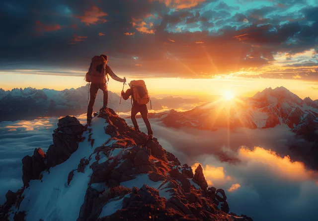 Two hikers hold hands on a snowy mountain ridge at sunset with distant peaks and clouds below.