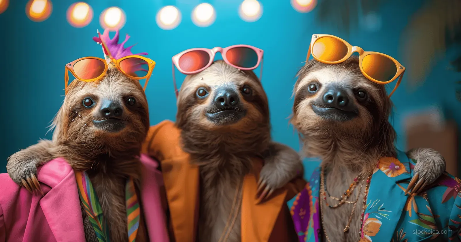 Three sloths wearing colorful suits and sunglasses pose together under neon bokeh lights in a tropical background.