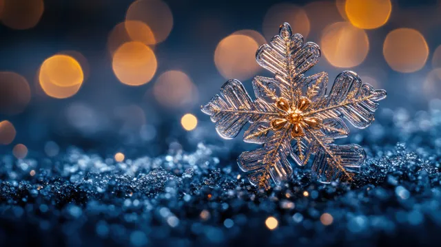 Golden glitter snowflake ornament over dark blue bokeh Christmas lights