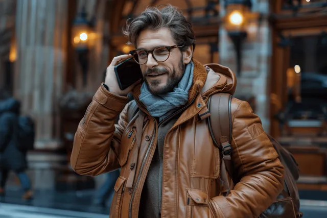 Smiling businessman in brown jacket talks on smartphone outside modern building