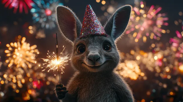 A kangaroo holds a lit sparkler with colorful fireworks and bokeh lights in the night sky behind it.