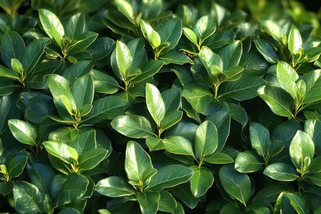 Dense cluster of sunlit glossy green leaves with bright reflections and visible leaf veins.