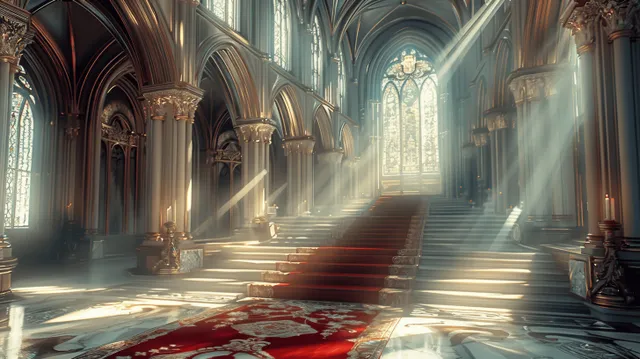 Gothic castle hall interior with arched ceilings, marble floor, columns, and red carpet lighted by window rays.
