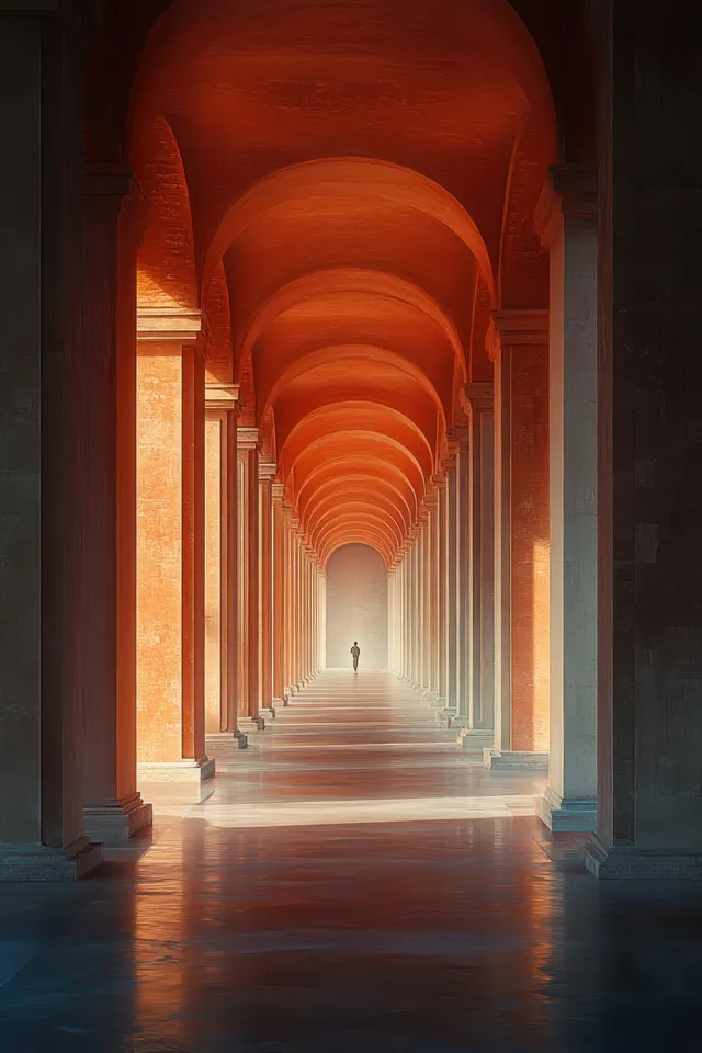 A lone person walks down a long sunlit corridor of tall arches and warm orange columns.