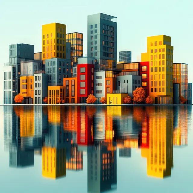 Colorful apartment towers reflected in calm water at sunrise.