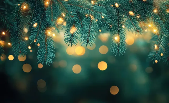 Pine tree needles in gentle morning light with warm bokeh holiday lights