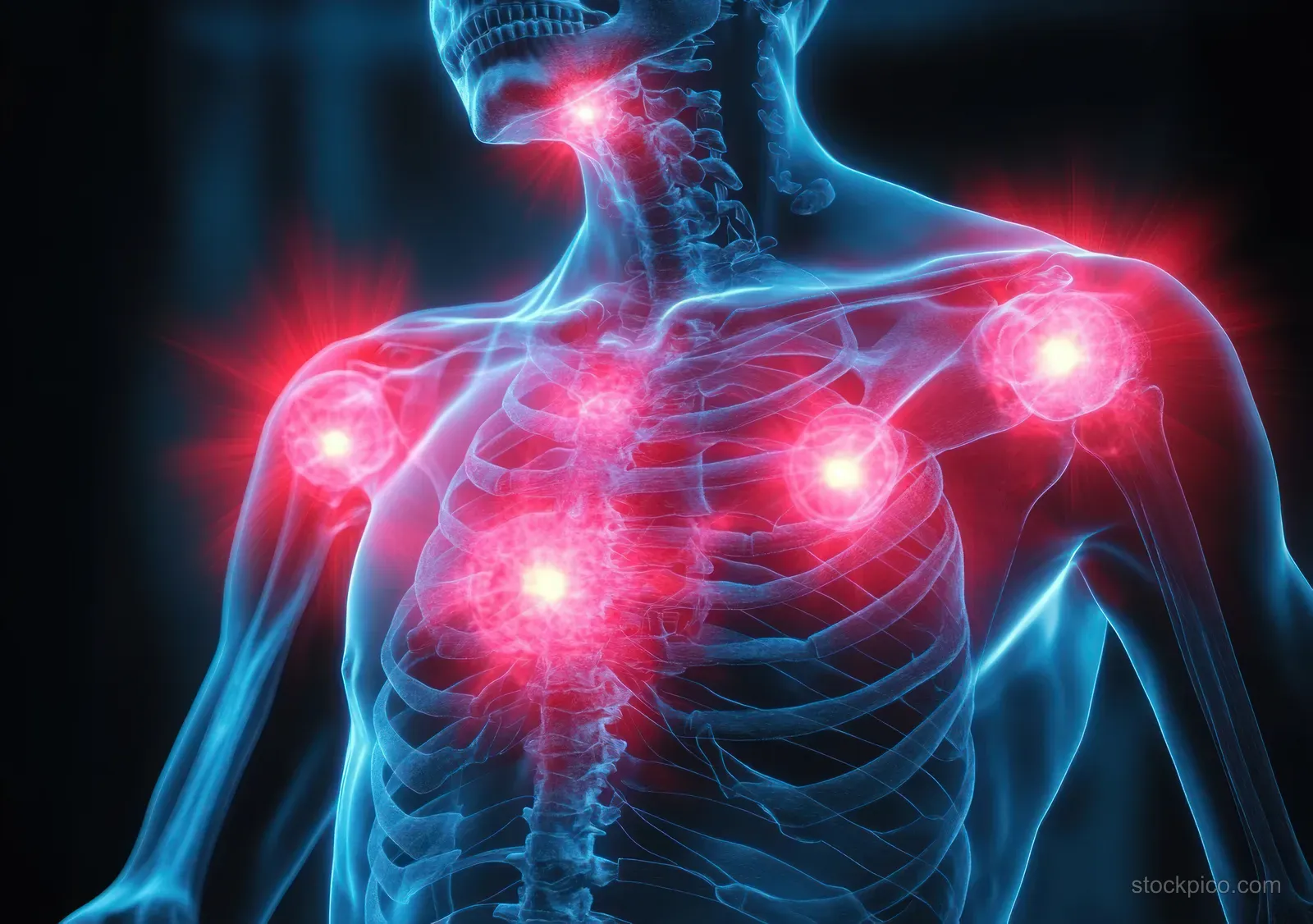Translucent human torso with glowing joints and red pain signals highlighted along the spine on a dark background.
