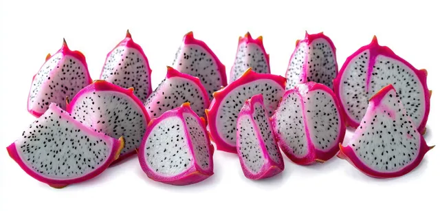 Bright pink dragon fruit slices with white flesh and black seeds arranged on a white background.