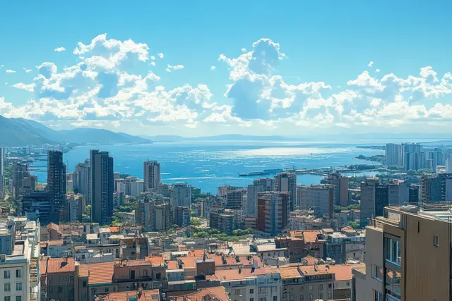 Panoramic coastal city skyline with dense rooftops, shimmering sea, and bright blue clouds