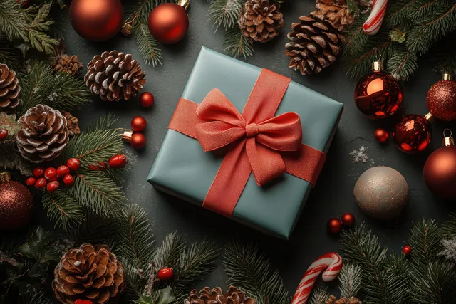 Teal Christmas gift with red bow lies on pine branches with ornaments, pine cones, and candy canes around it.