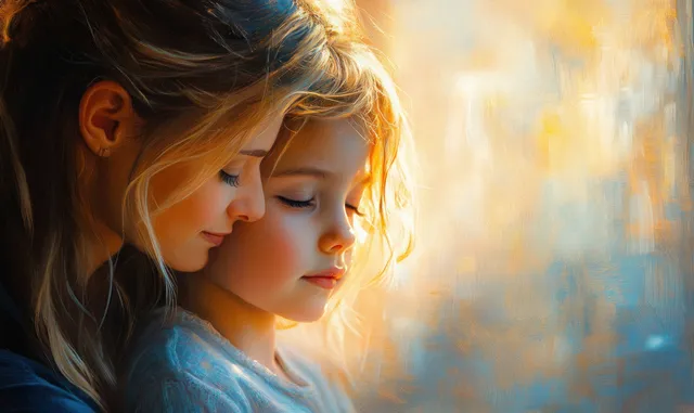 A mother hugs her child in soft backlit impressionist style while the child holds hand sanitizer.