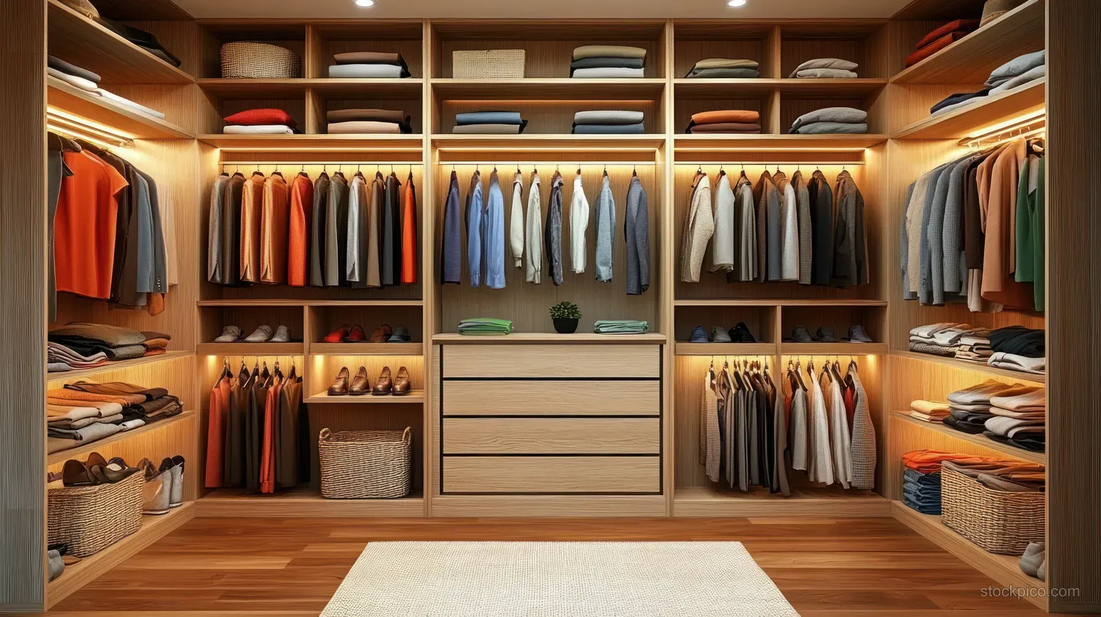Spacious walk-in closet with wooden shelves, hanging shirts, folded clothes drawers, and warm ceiling lights.