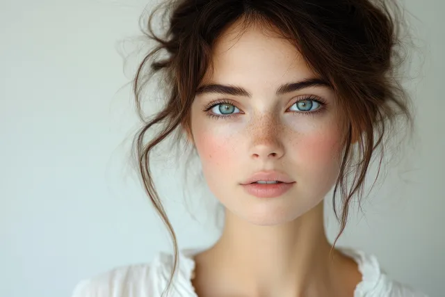 A smiling young brunette woman with a curious expression is captured in a minimalist portrait against a clean background.
