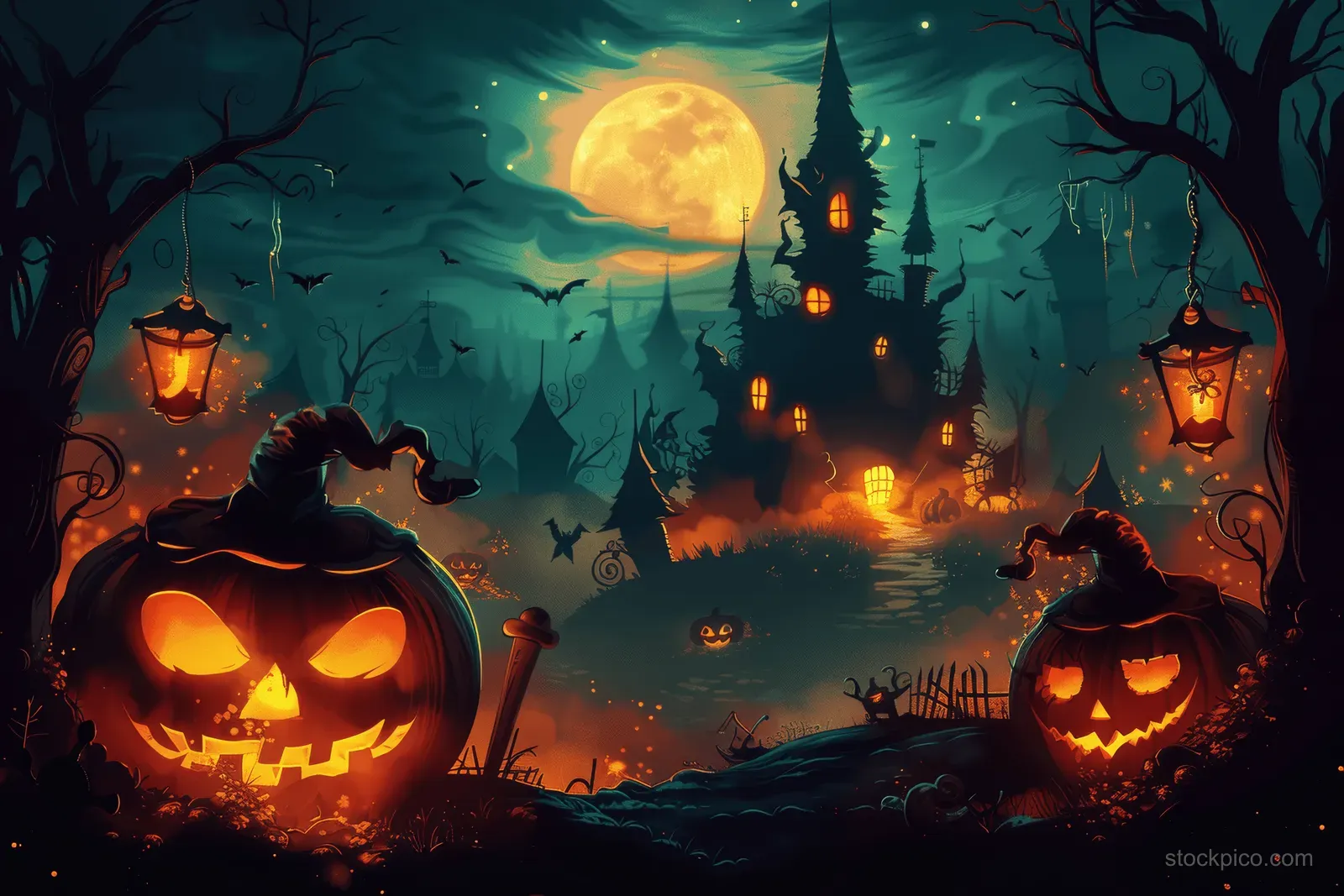 Misty Halloween night with a full moon above a haunted house, glowing jack-o-lanterns, bats, and dark trees.